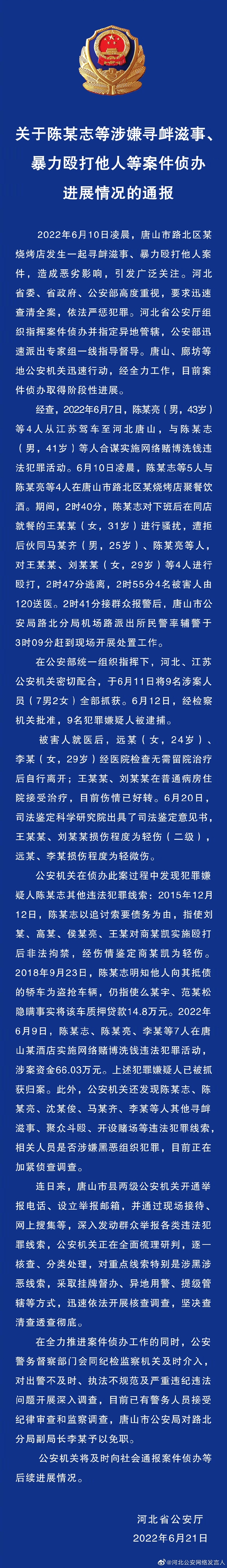 關(guān)于陳某志等涉嫌尋釁滋事、暴力毆打他人等案件偵辦進(jìn)展情況的通報(bào)