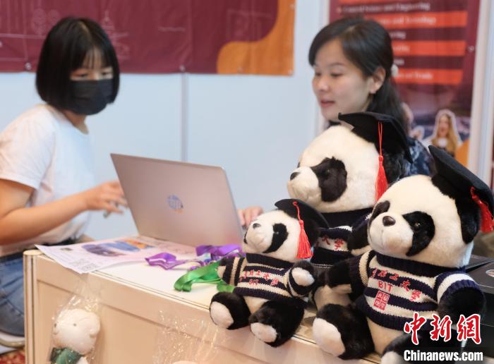 北京理工大學帶來可愛熊貓玩偶，頗為吸睛 陳悅 攝