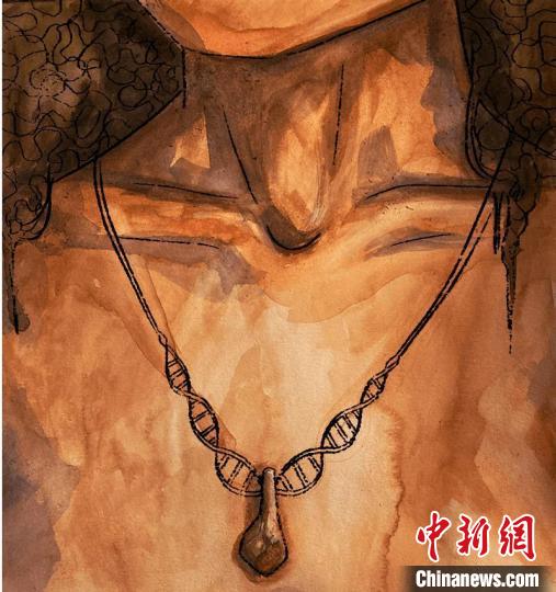 墜飾藝術(shù)再現(xiàn)圖，圖中吊墜繩為DNA螺旋樣式(圖片作者M(jìn)yrthe Lucas)?！∈┢樟指瘛ぷ匀?供圖