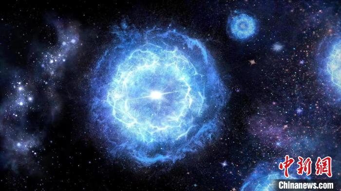 第一代超大質(zhì)量恒星演化成為“對不穩(wěn)定超新星”的藝術(shù)展示圖?！≈锌圃簢姨煳呐_ 供圖