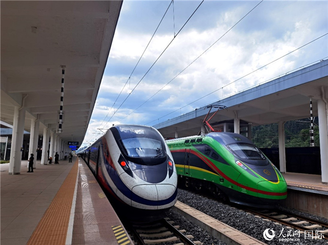“復(fù)興號(hào)”和“瀾滄號(hào)”國(guó)際旅客列車?？吭诶蠐肽ザ≌尽Ｈ嗣窬W(wǎng) 杜明明攝