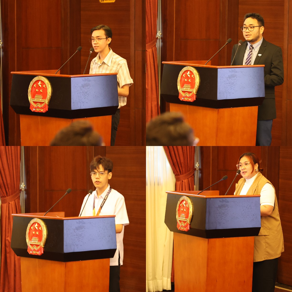 菲律賓大學(xué)、菲律賓師范大學(xué)的4位學(xué)生和校友代表現(xiàn)場發(fā)言向中方表示感謝并分享體會。駐菲律賓使館 供圖