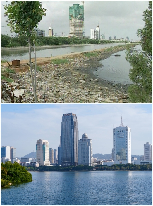 上圖：筼筜湖治理前資料圖。下圖：筼筜湖如今的美麗風(fēng)光。人民網(wǎng)記者 吳超嵐攝
