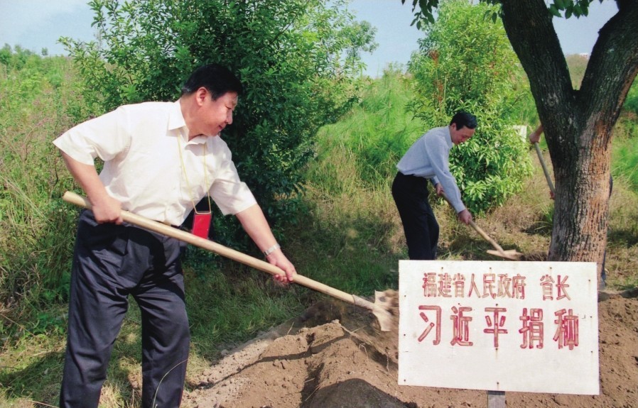 2001年10月，習(xí)近平在龍巖市長汀縣調(diào)研水土流失治理工作，在河田世紀(jì)生態(tài)園為樹培土。圖源：《習(xí)近平在福建（下）》