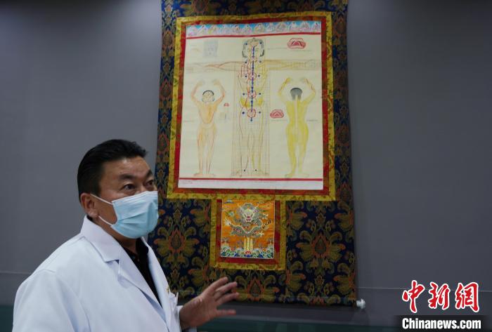 圖為興?？h藏醫(yī)院院長介紹藏醫(yī)四部醫(yī)典詳實圖?！●R銘言 攝