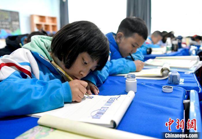3月14日，西藏拉薩市第一小學(xué)一年級(jí)六班的學(xué)生們?cè)诓卣Z(yǔ)文課上書寫藏文?！±盍?攝