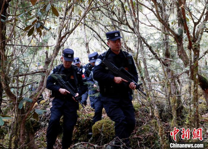 山南邊境管理支隊(duì)玉麥邊境派出所民警在邊境原始森林里開(kāi)展邊境巡邏。　鄭琦山 攝